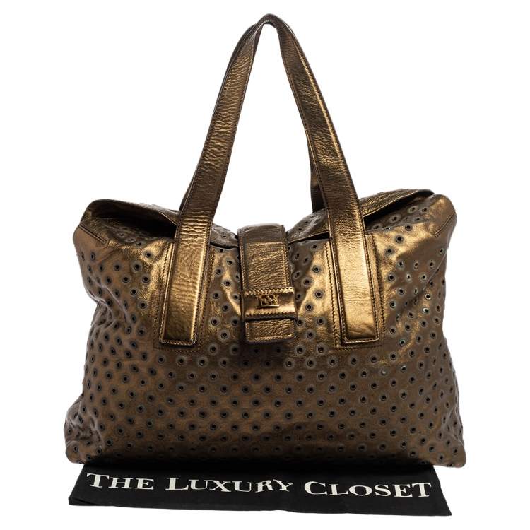 Pre Owned Escada Metallic Bronze Leather Rivet Detail Tote