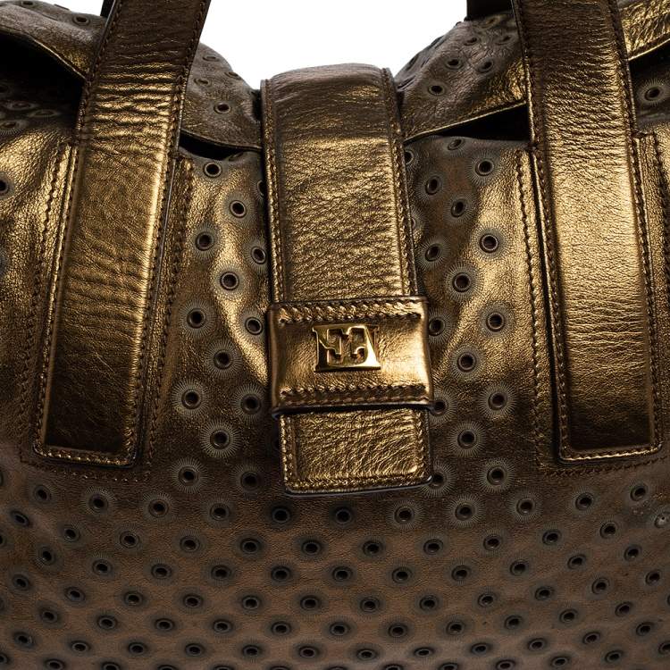 Pre Owned Escada Metallic Bronze Leather Rivet Detail Tote