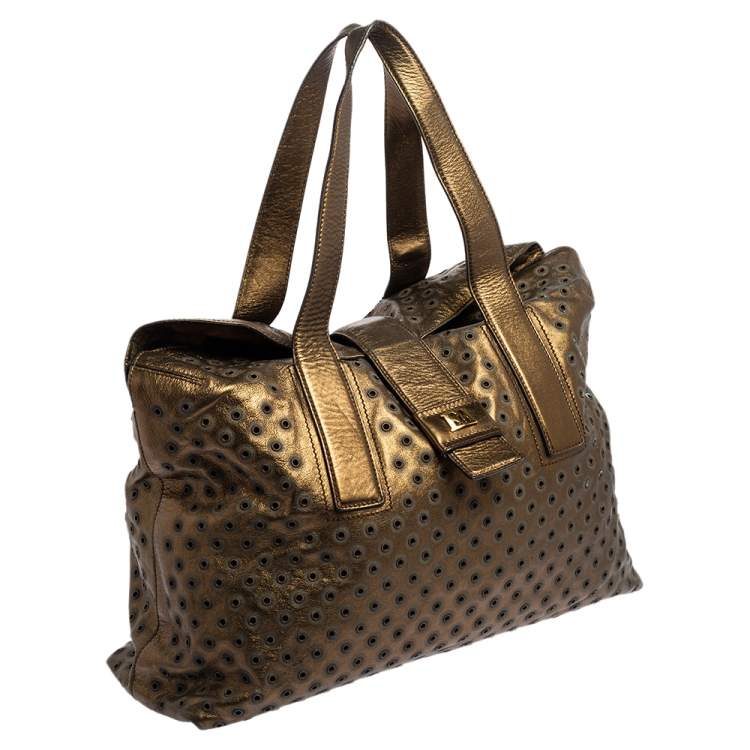 Pre Owned Escada Metallic Bronze Leather Rivet Detail Tote