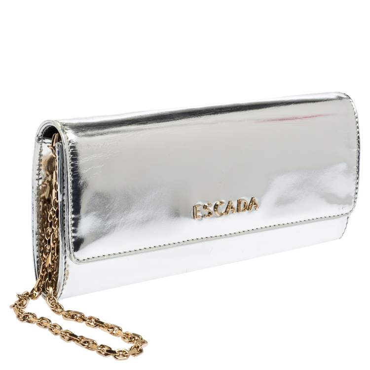 Pre Owned Escada Silver Glossy Leather Chain Wristlet Clutch