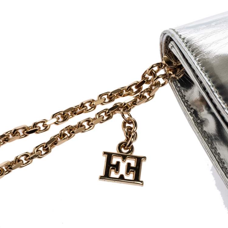 Pre Owned Escada Silver Glossy Leather Chain Wristlet Clutch