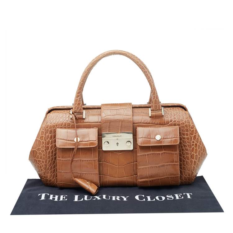 Pre Owned Escada Brown Croc Embossed Leather Satchel