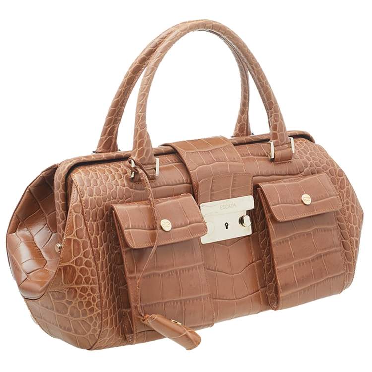 Pre Owned Escada Brown Croc Embossed Leather Satchel