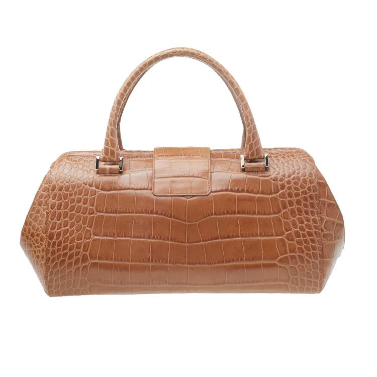 Pre Owned Escada Brown Croc Embossed Leather Satchel