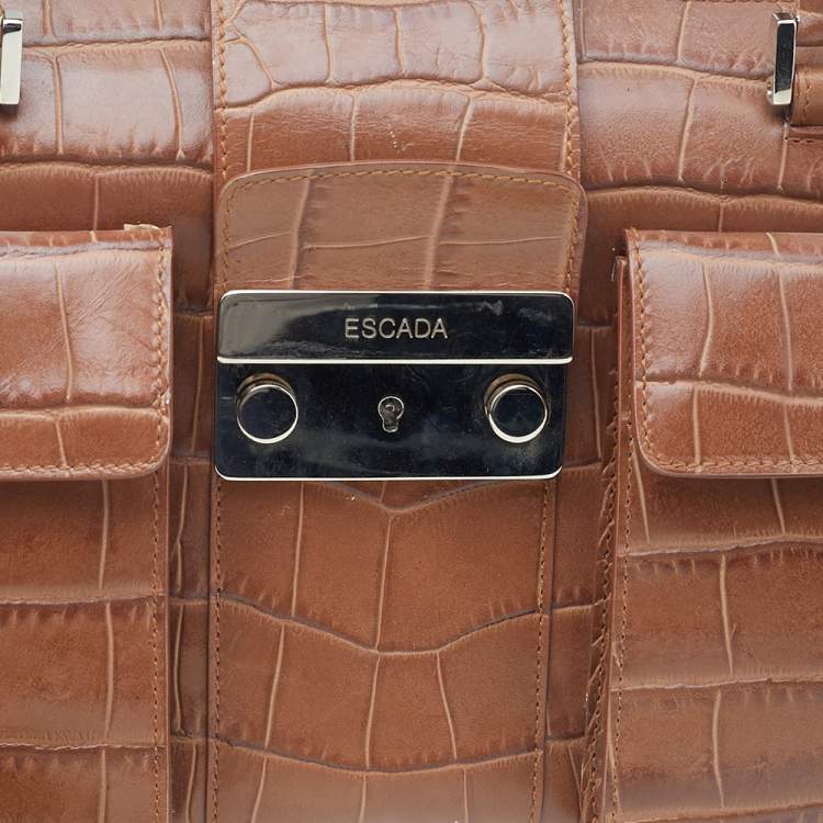 Pre Owned Escada Brown Croc Embossed Leather Satchel