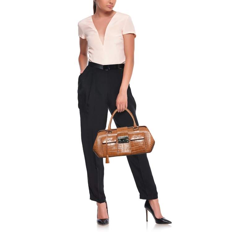 Pre Owned Escada Brown Croc Embossed Leather Satchel