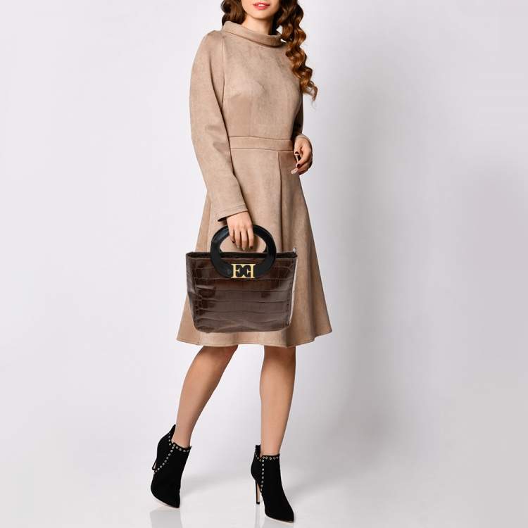 Pre Owned Escada Brown Croc Embossed Leather Tote