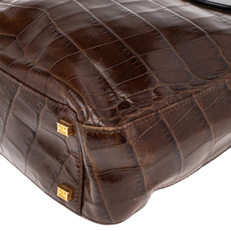 Pre Owned Escada Brown Croc Embossed Leather Tote