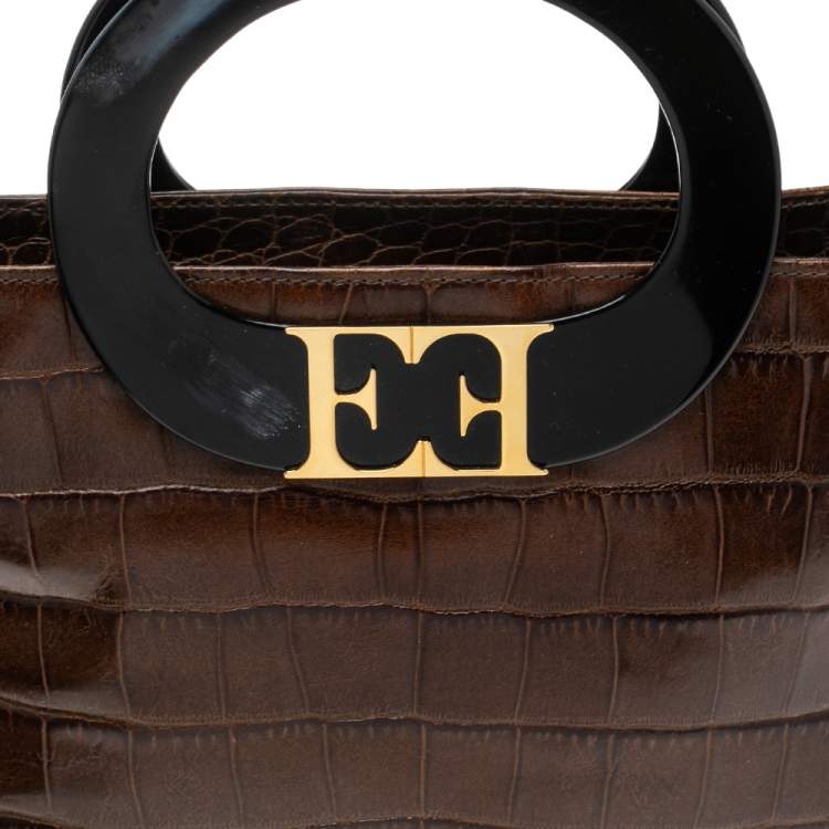Pre Owned Escada Brown Croc Embossed Leather Tote