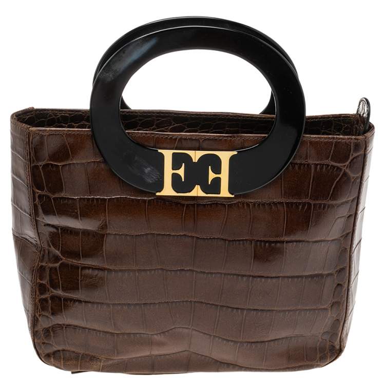 Pre Owned Escada Brown Croc Embossed Leather Tote