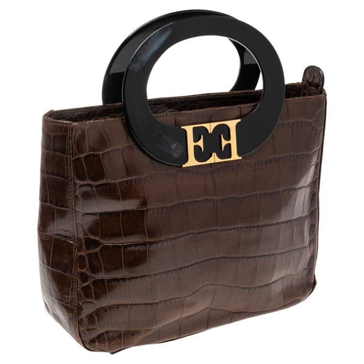 Pre Owned Escada Brown Croc Embossed Leather Tote