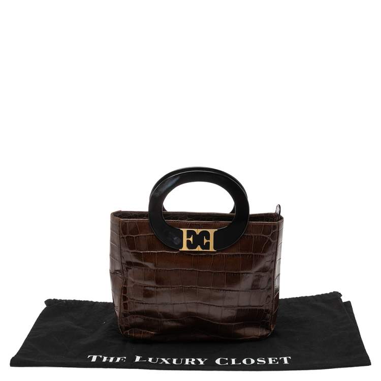 Pre Owned Escada Brown Croc Embossed Leather Tote