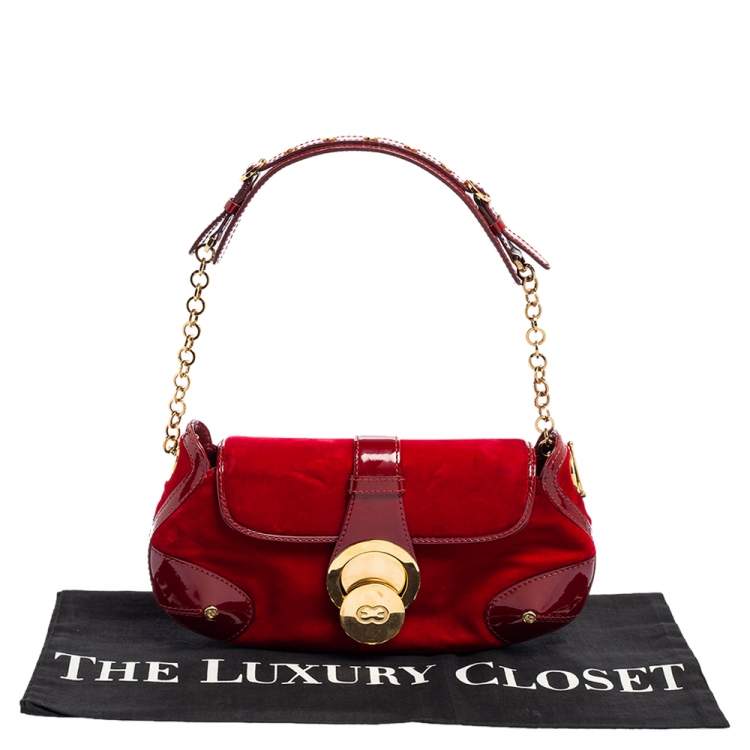 Pre Owned Escada Burgundy Velvet and Patent Leather Shoulder Bag