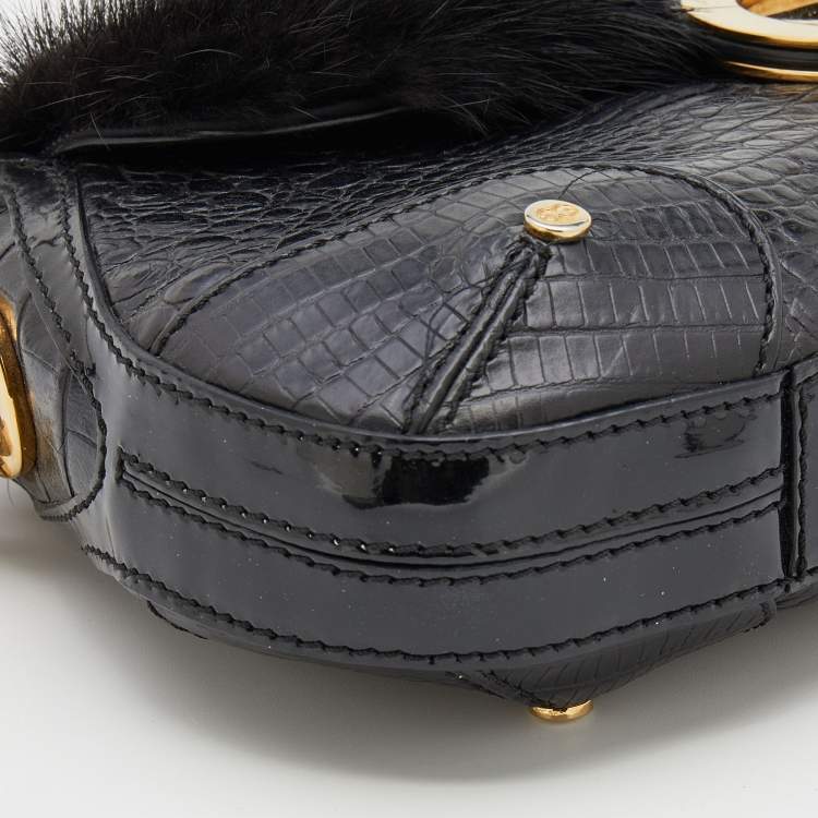 Pre Owned Escada Black Croc Embossed Leather and Mink Fur Ring Flap Shoulder Bag