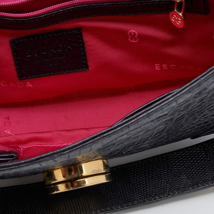Pre Owned Escada Black Croc Embossed Leather and Mink Fur Ring Flap Shoulder Bag