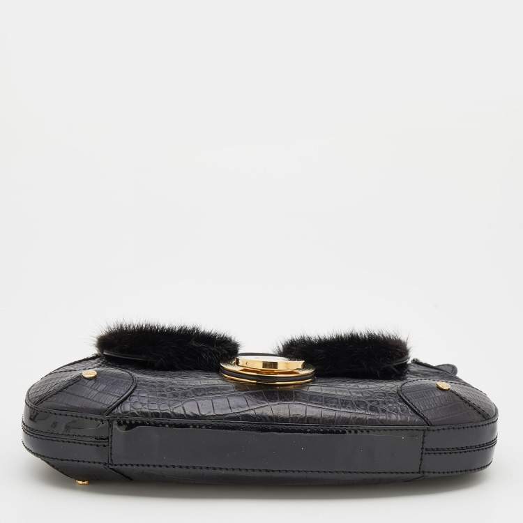Pre Owned Escada Black Croc Embossed Leather and Mink Fur Ring Flap Shoulder Bag