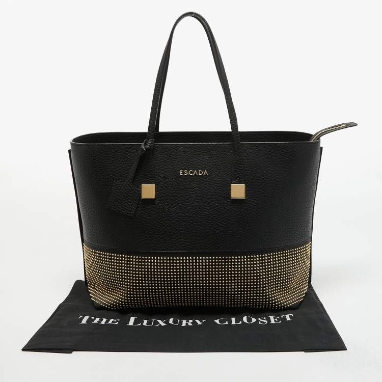 Pre Owned Escada Black Pebbled Leather Studded Zip Shopper Tote