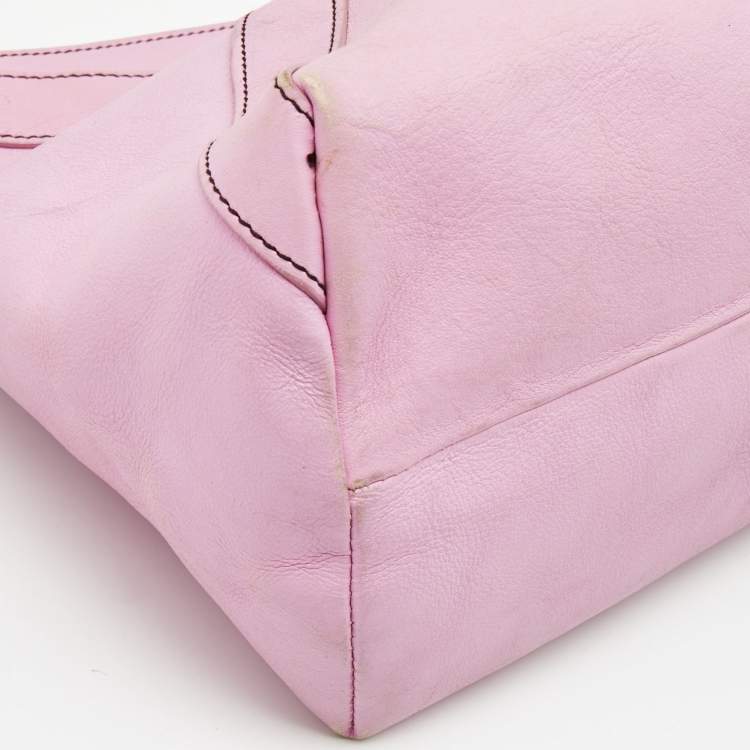 Pre Owned Escada Pink/Brown Leather Wooden Handle Baguette Bag