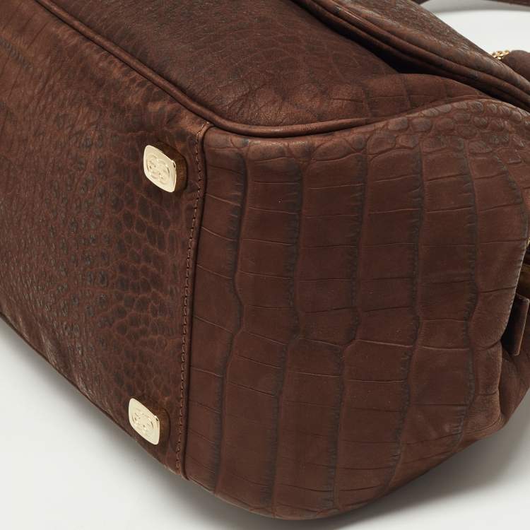Pre Owned Escada Brown Croc Embossed Leather Satchel