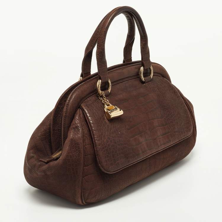 Pre Owned Escada Brown Croc Embossed Leather Satchel