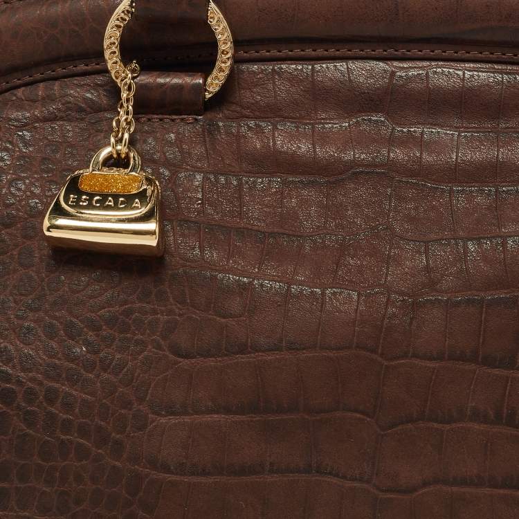 Pre Owned Escada Brown Croc Embossed Leather Satchel