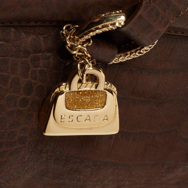 Pre Owned Escada Brown Croc Embossed Leather Satchel