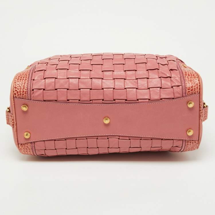 Pre Owned Escada Pink Woven Leather and Croc Embossed Zip Satchel