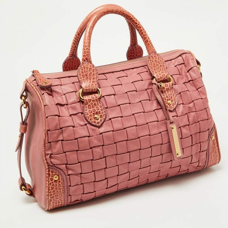 Pre Owned Escada Pink Woven Leather and Croc Embossed Zip Satchel