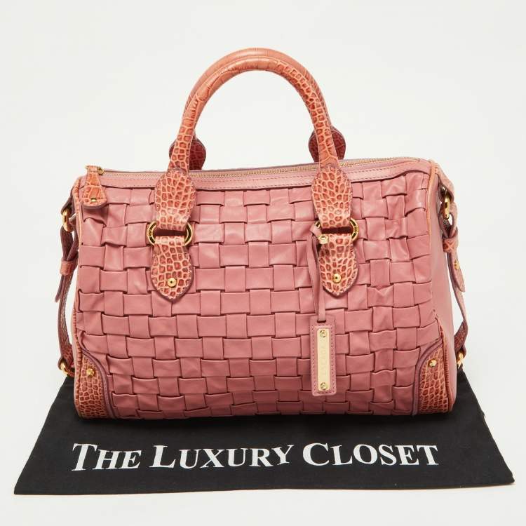 Pre Owned Escada Pink Woven Leather and Croc Embossed Zip Satchel
