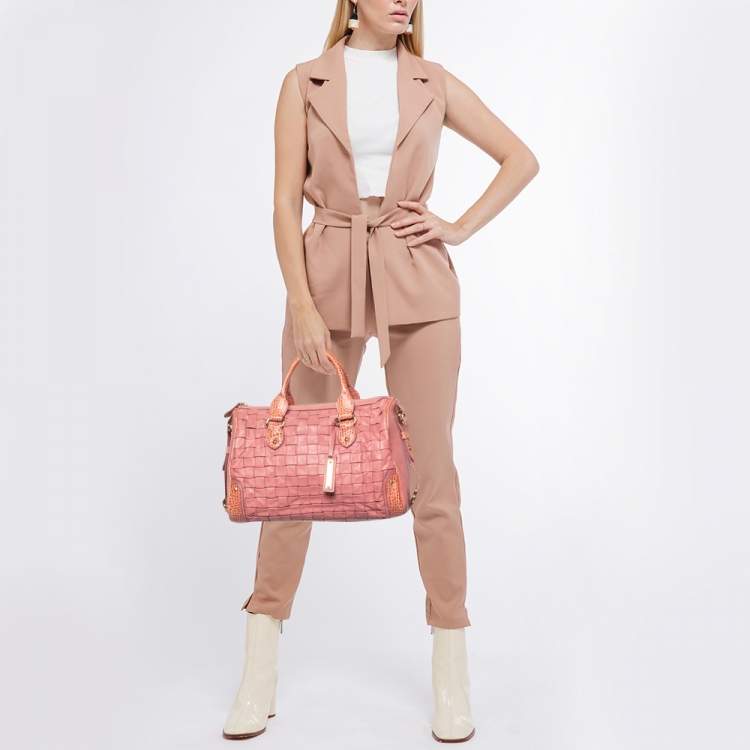 Pre Owned Escada Pink Woven Leather and Croc Embossed Zip Satchel