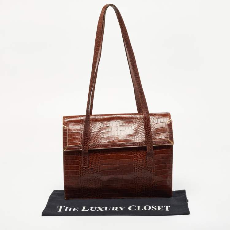 Pre Owned Escada Brown Croc Embossed Leather Tote