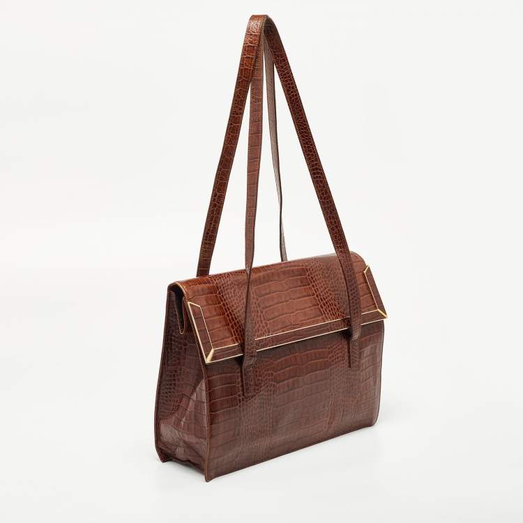 Pre Owned Escada Brown Croc Embossed Leather Tote