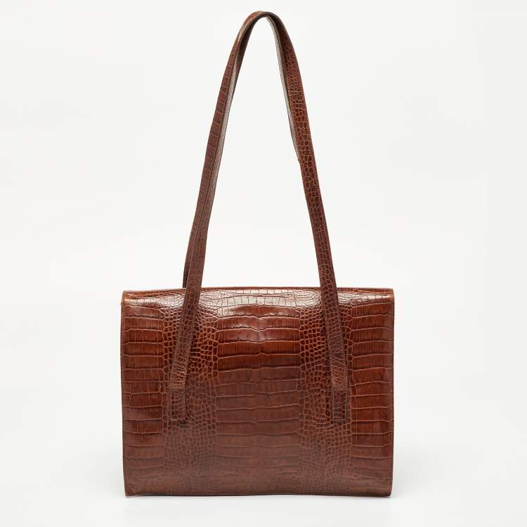 Pre Owned Escada Brown Croc Embossed Leather Tote