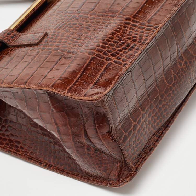 Pre Owned Escada Brown Croc Embossed Leather Tote