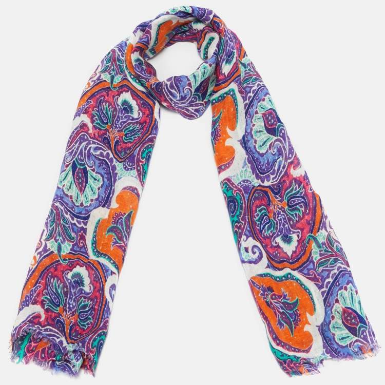 مملوكة مسبقًا Etro Purple Paisley Print Linen Scarf