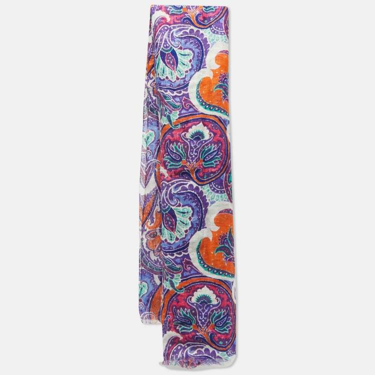 مملوكة مسبقًا Etro Purple Paisley Print Linen Scarf