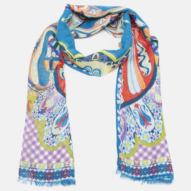 Pre Owned Etro Blue Paisley Print Modal Blend Scarf