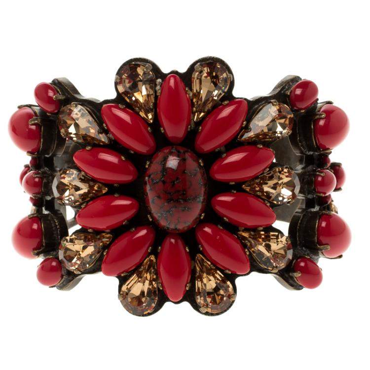 Pre Owned Etro Red Cabochon & Crystal Flower Statement Open Cuff Bracelet 