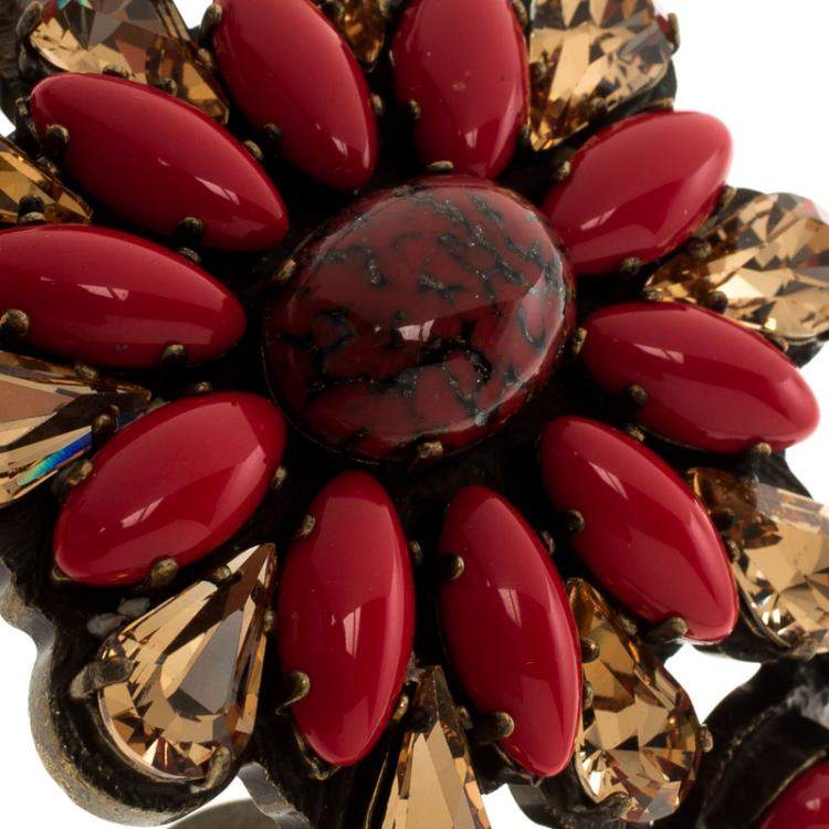 Pre Owned Etro Red Cabochon & Crystal Flower Statement Open Cuff Bracelet 