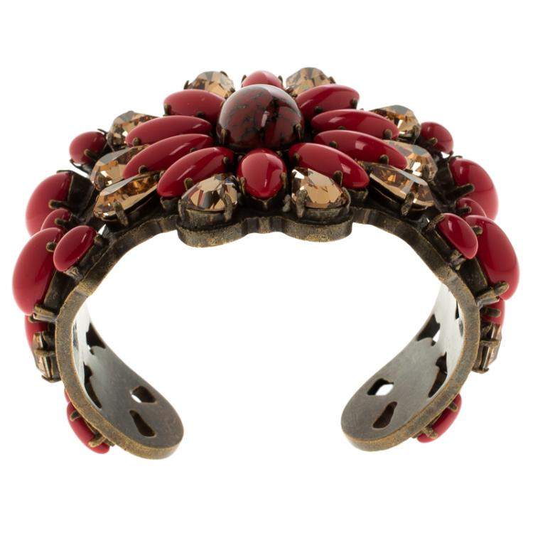 Pre Owned Etro Red Cabochon & Crystal Flower Statement Open Cuff Bracelet 