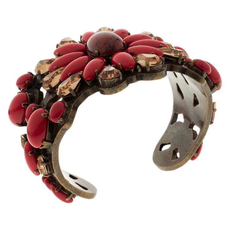 Pre Owned Etro Red Cabochon & Crystal Flower Statement Open Cuff Bracelet 