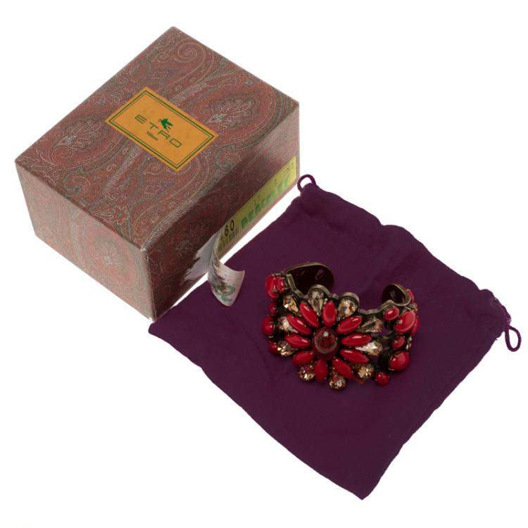 Pre Owned Etro Red Cabochon & Crystal Flower Statement Open Cuff Bracelet 