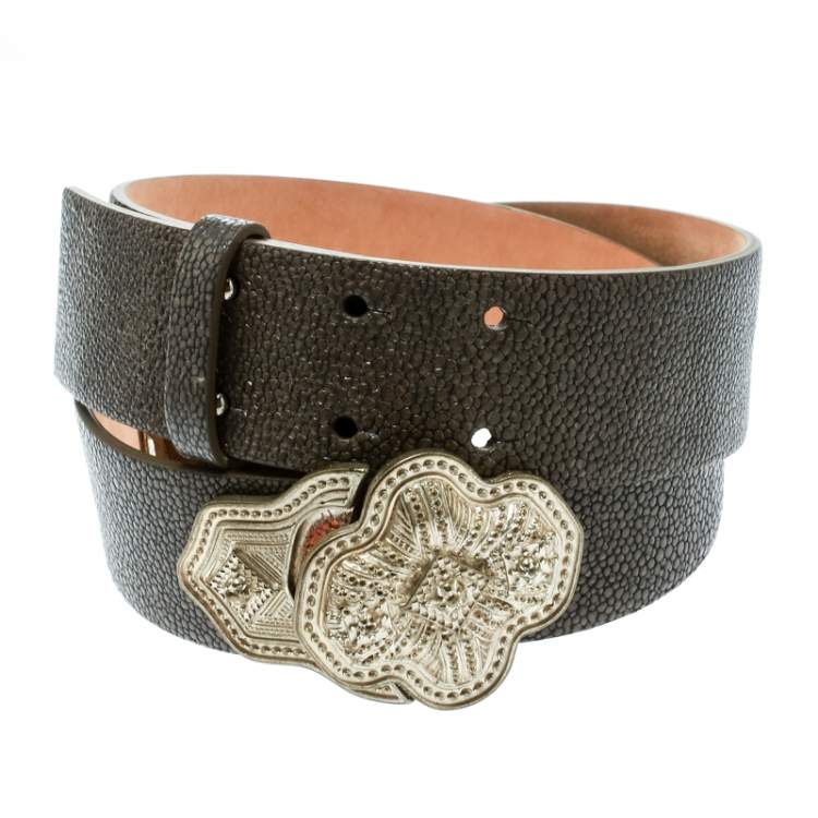 Pre Owned Etro Grey Stingray Leather Buckle Detail Belt Size 90 CM