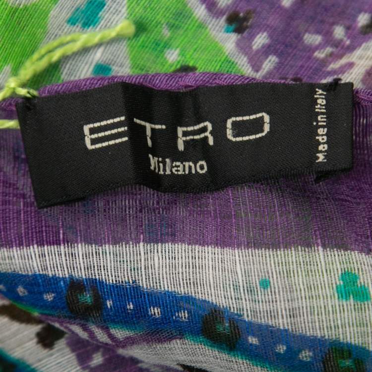 Pre Owned Etro Purple/Green Paisley Print Linen & Silk Stole