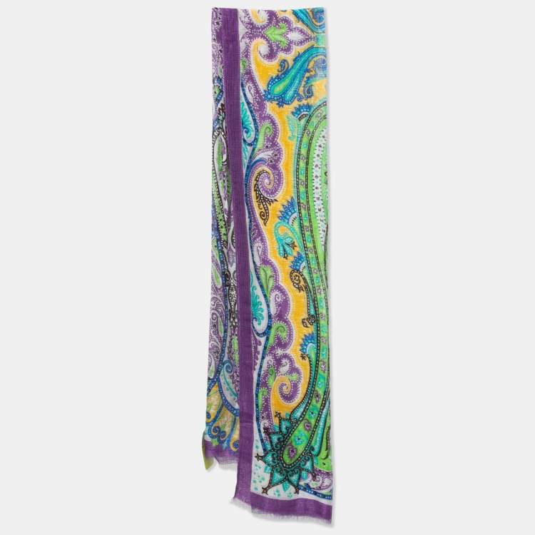 Pre Owned Etro Purple/Green Paisley Print Linen & Silk Stole