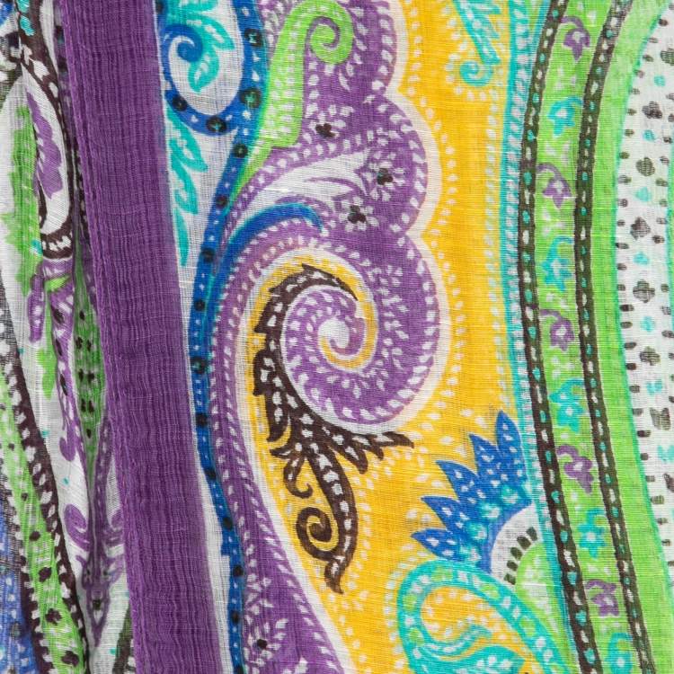 Pre Owned Etro Purple/Green Paisley Print Linen & Silk Stole