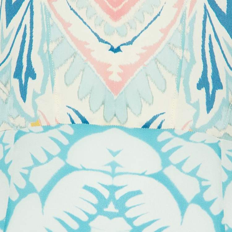Pre Owned Etro Blue Printed Silk Crepe V-Neck Long Dress M