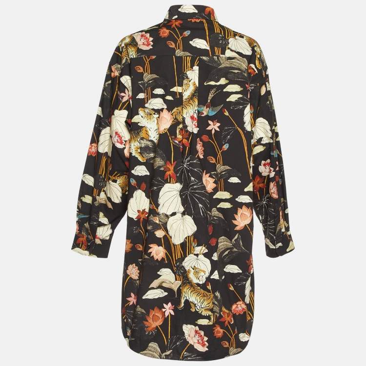 Pre Owned Etro Black Tiger & Water Lily Print Cotton Shirt Dress XL