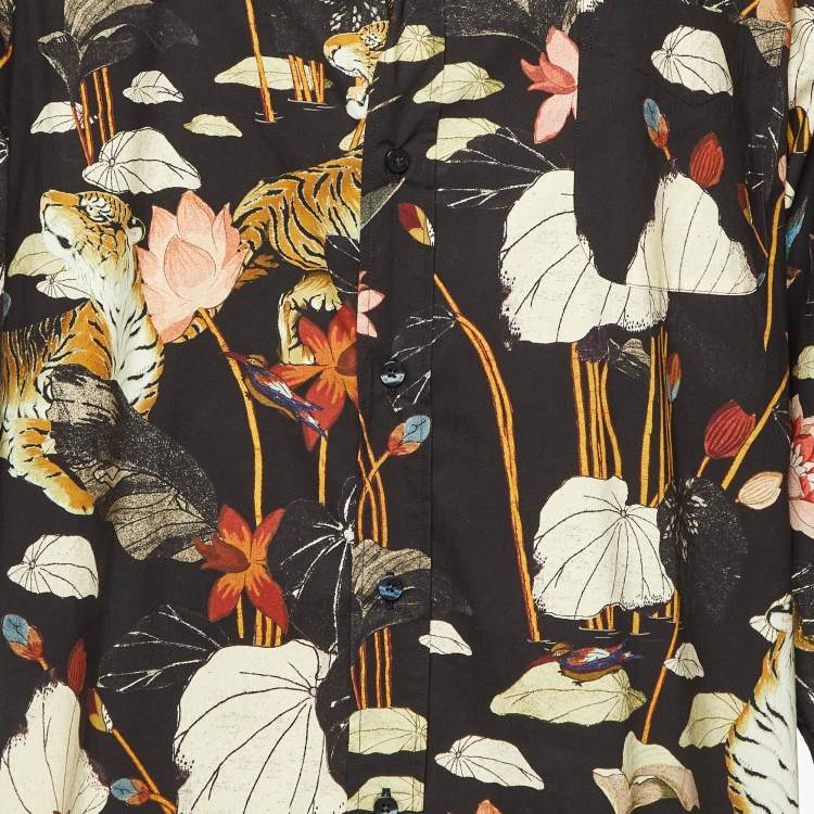 Pre Owned Etro Black Tiger & Water Lily Print Cotton Shirt Dress XL