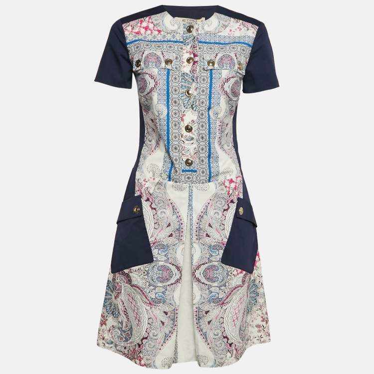Pre Owned Etro Navy Blue Printed Cotton Button Front Mini Dress S